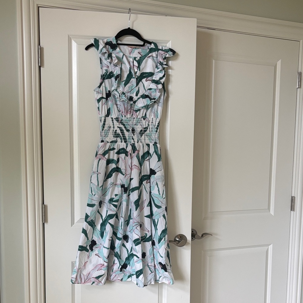 Tory Burch White Midi Dress with Green Leaf and Soft Pink Floral Print